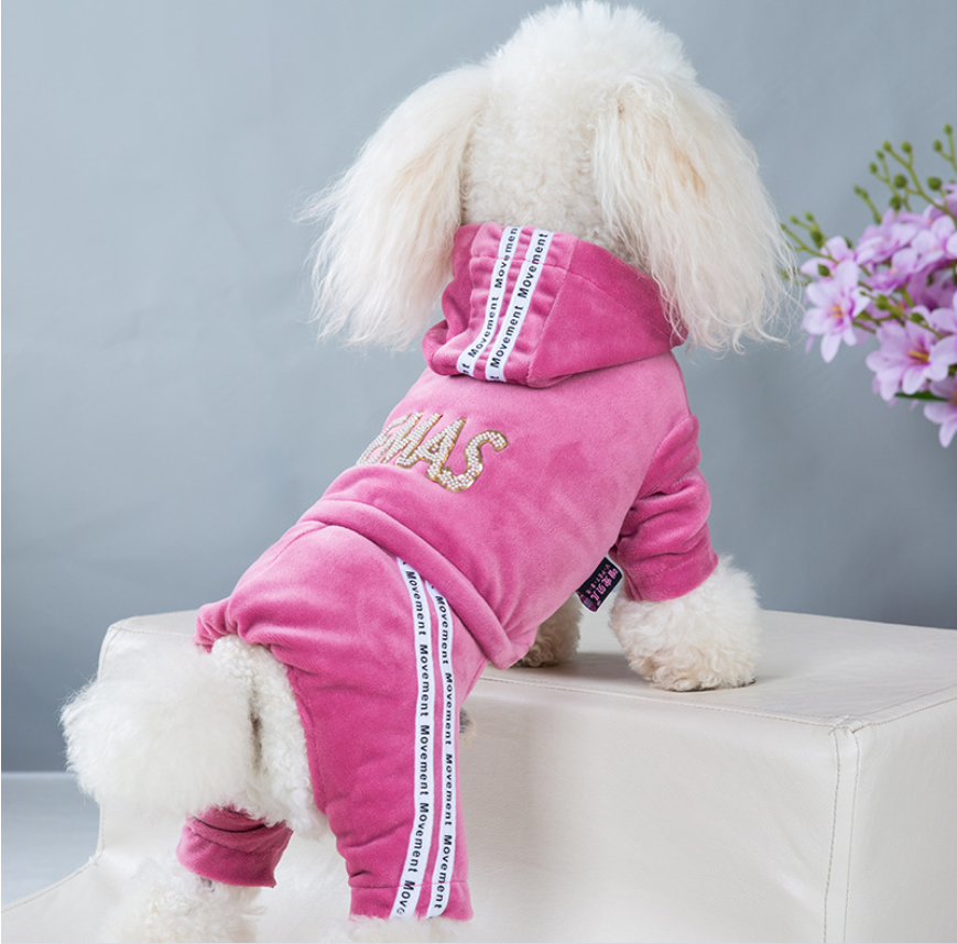 Pet Velvet Jumpsuit Athletic Hoodie with Rhinestone Design